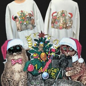 VINTAGE 80s 90s Christmas cats graphic sweatshirt double side photography camera